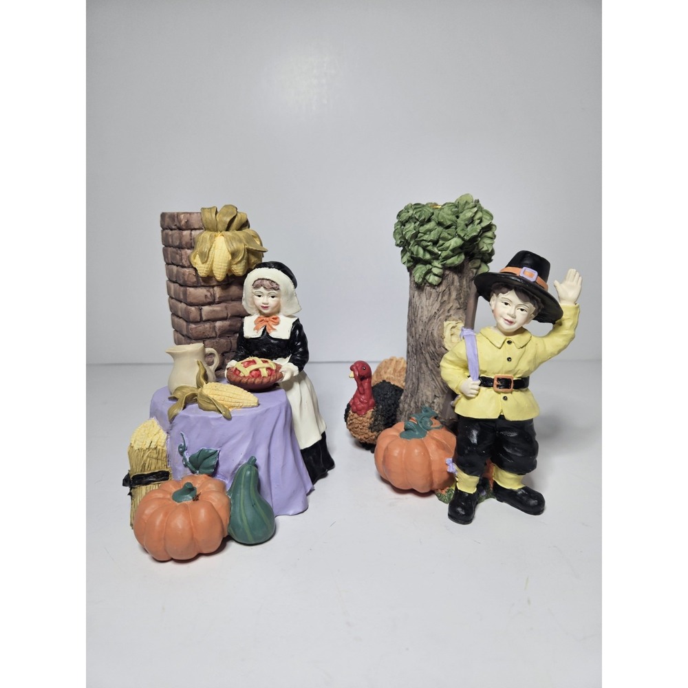 ABC Distributors Pilgrim Couple Thanksgiving Candle Holders Hand Painted Set Vtg